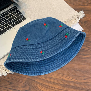 Cherry Embroidery Jean Fisherman Hat Women's Summer