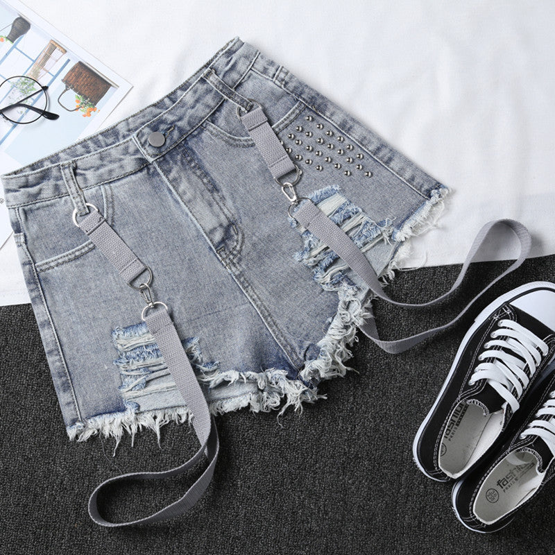 Ripped suspenders jean shorts