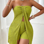 Solid Color Twisted Front Split Green Strapless Top And Shorts Set With Textured Fabric Design