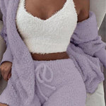 3pcs Womens Clothing Long Sleeve Crop Tank Top And Drawstring Shorts Pajama Set