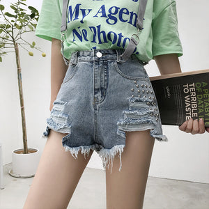 Ripped suspenders jean shorts