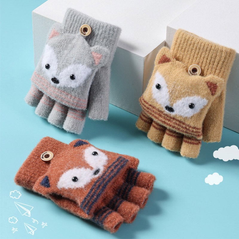 Cute Flip Half Fingerless Knit Plush Kid Gloves