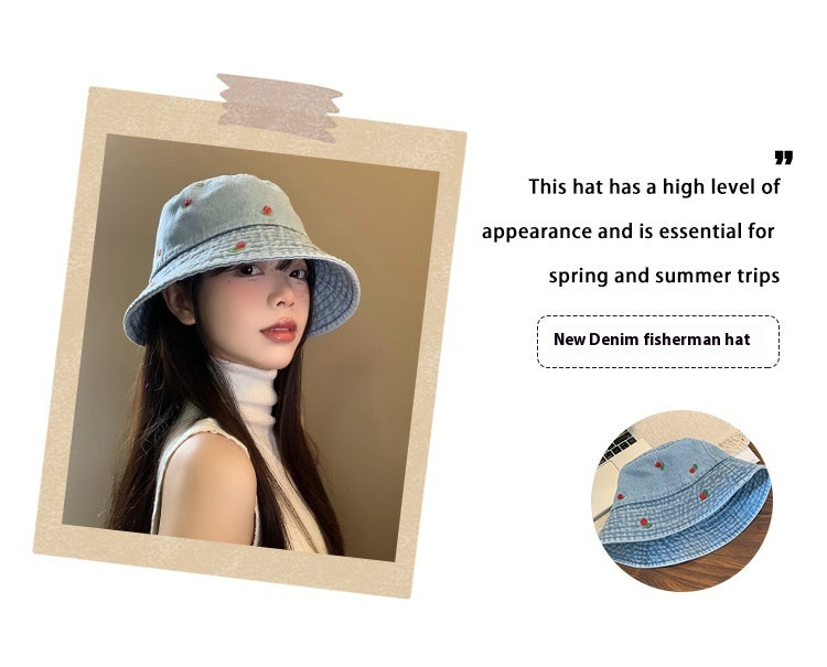 Cherry Embroidery Jean Fisherman Hat Women's Summer