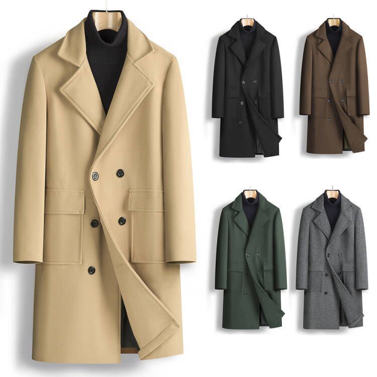 Fall Winter Men Double Breasted Mid-length Coat