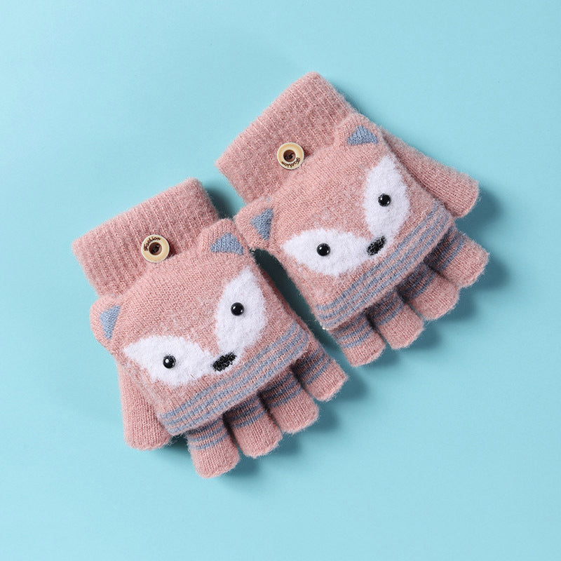 Cute Flip Half Fingerless Knit Plush Kid Gloves