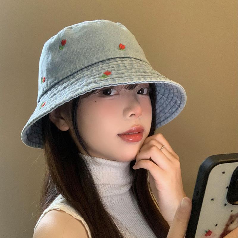 Cherry Embroidery Jean Fisherman Hat Women's Summer