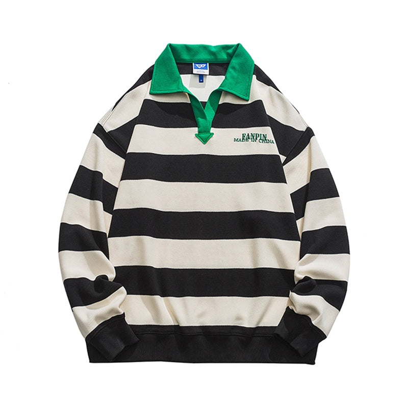 Unisex Lapel Striped Embroidered Sweatshirt