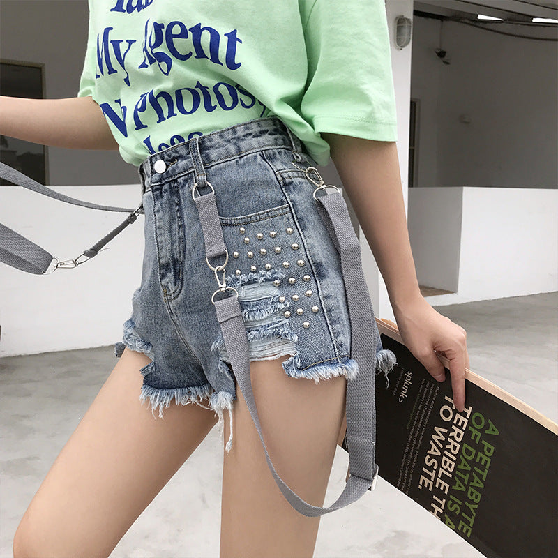 Ripped suspenders jean shorts