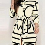 Women's Long Sleeve Allover Print Button Front Fashionable Character Dress