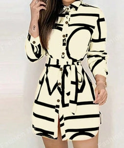 Women's Long Sleeve Allover Print Button Front Fashionable Character Dress