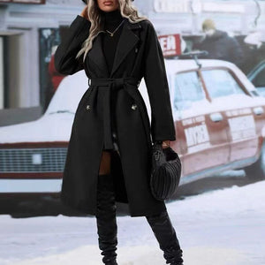 Lapel Double-breasted Trench Coat With Belt Winter Fashion Solid Color Long Jacket Outwear Women Clothing