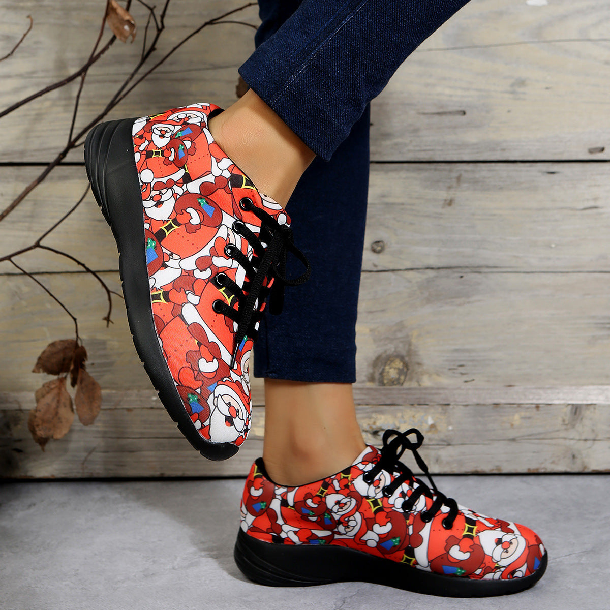 Women's Floral Santa Claus Sneakers And Nude British Lefu Shoes For Women