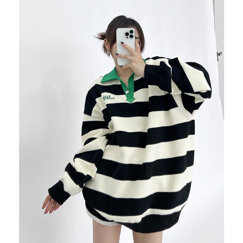 Unisex Lapel Striped Embroidered Sweatshirt