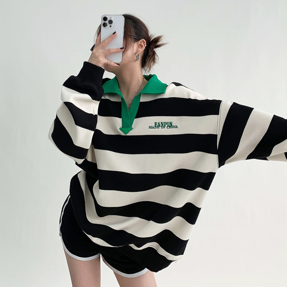 Unisex Lapel Striped Embroidered Sweatshirt