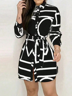 Women's Long Sleeve Allover Print Button Front Fashionable Character Dress