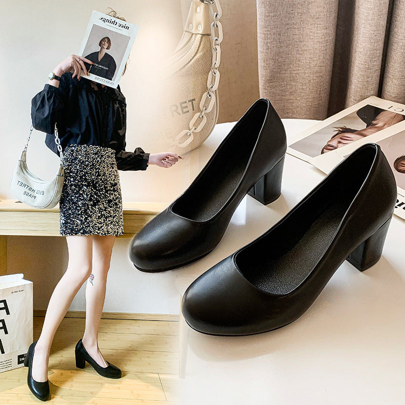 Black Leather Shoes Women's Professional High Heel Elegant