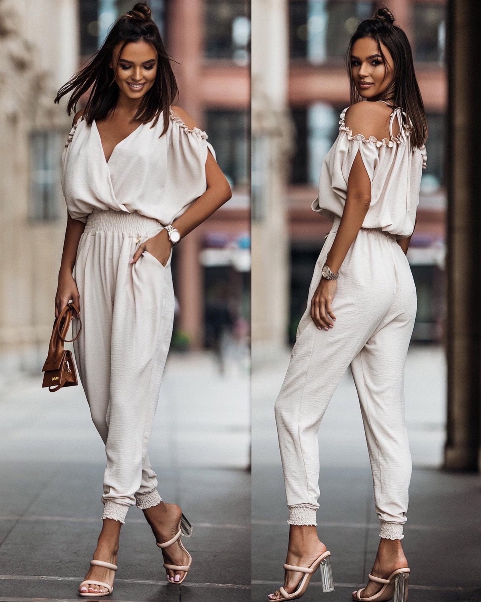 Women's Trousers V-neck Pocket Jumpsuit Elastic Waist Casual Pants