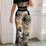 Women's Tropical Print Off-Shoulder Top And High Waist Pant Set