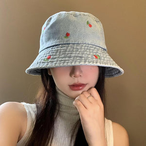 Cherry Embroidery Jean Fisherman Hat Women's Summer