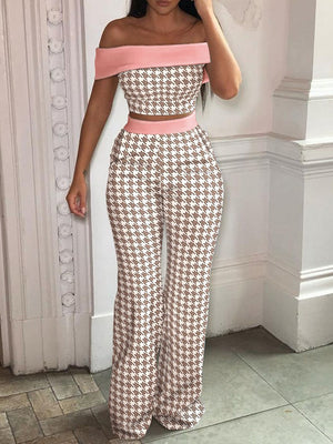 Women's Tropical Print Off-Shoulder Top And High Waist Pant Set