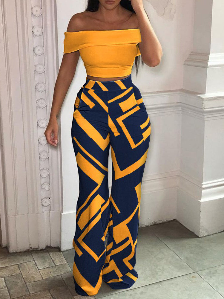 Women's Tropical Print Off-Shoulder Top And High Waist Pant Set