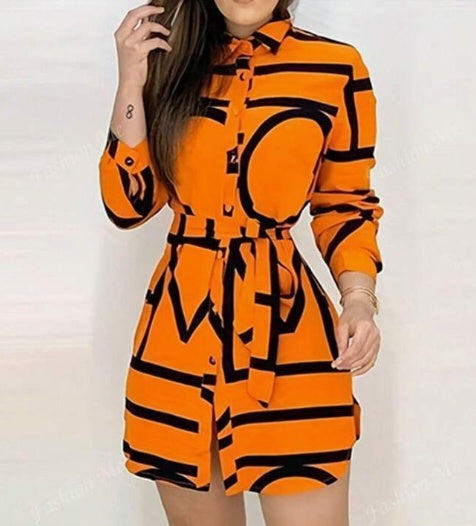 Women's Long Sleeve Allover Print Button Front Fashionable Character Dress