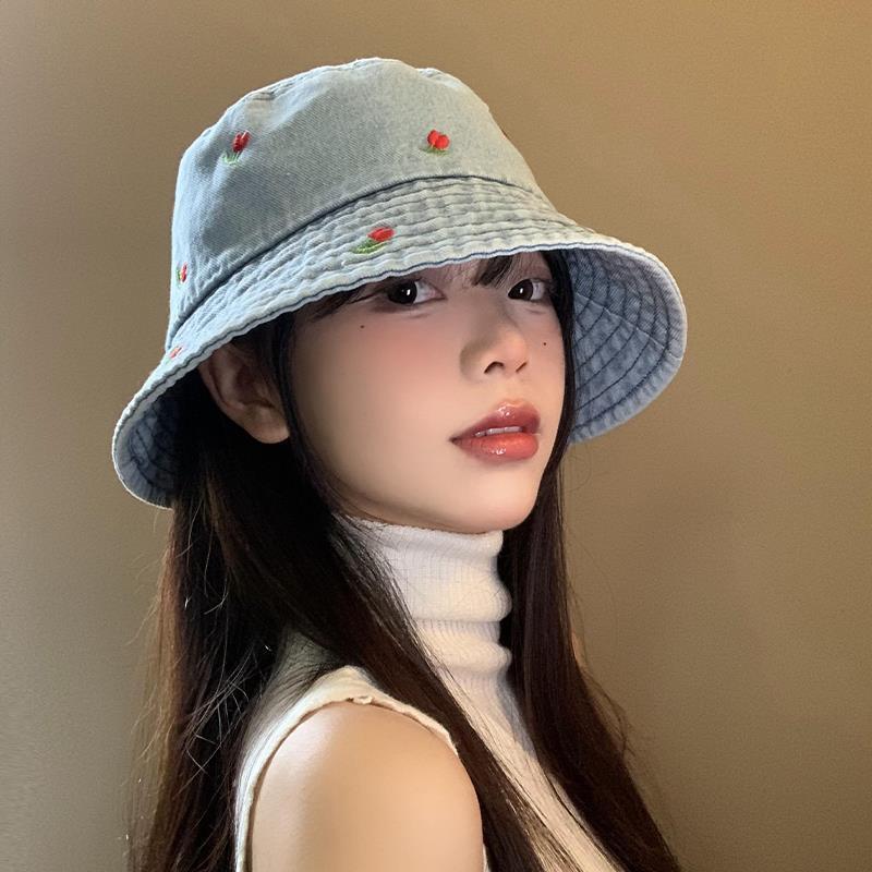 Cherry Embroidery Jean Fisherman Hat Women's Summer